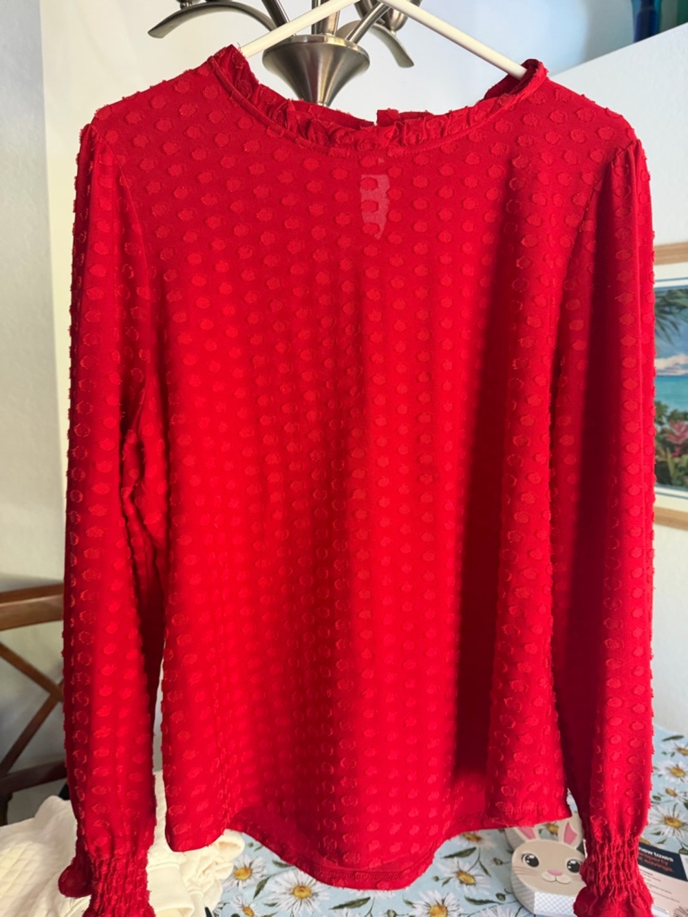 Adrianna Papell Red Swiss Dot Long Sleeve Blouse